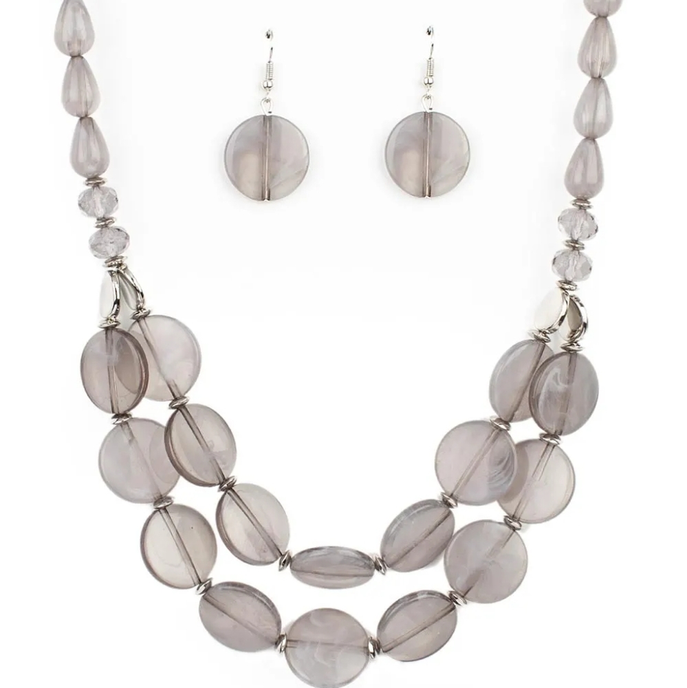 Silver & Smokey Crystal Chunky Acrylic Beaded Necklace